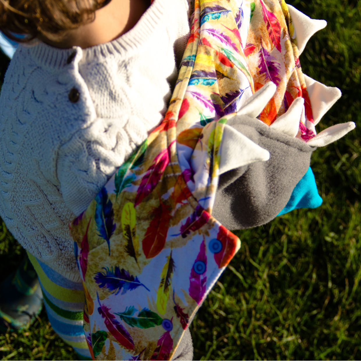 Reversible Popper Hoodie or Sleeveless - Grey & Orange Dinosaur / Feathers & Orange