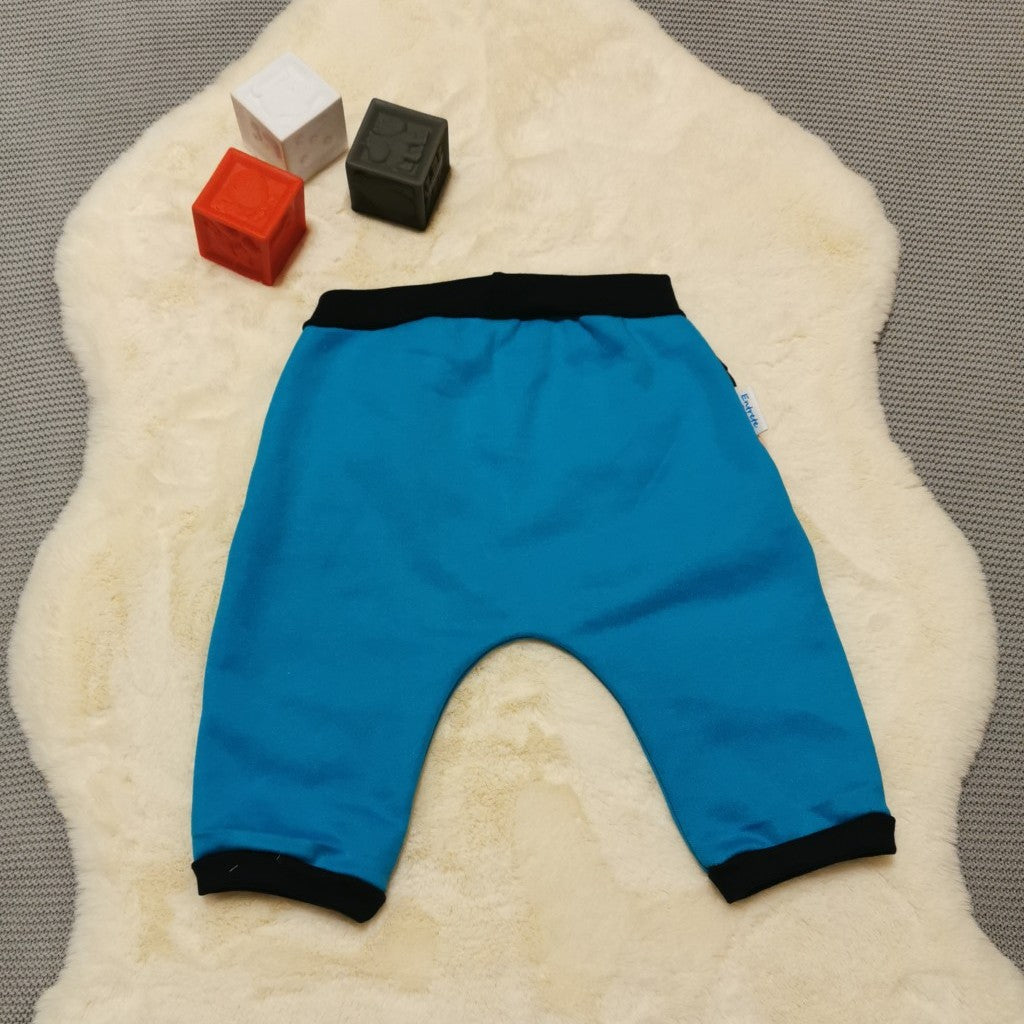 Rear view of the sky blue and colour striped harem shorts.