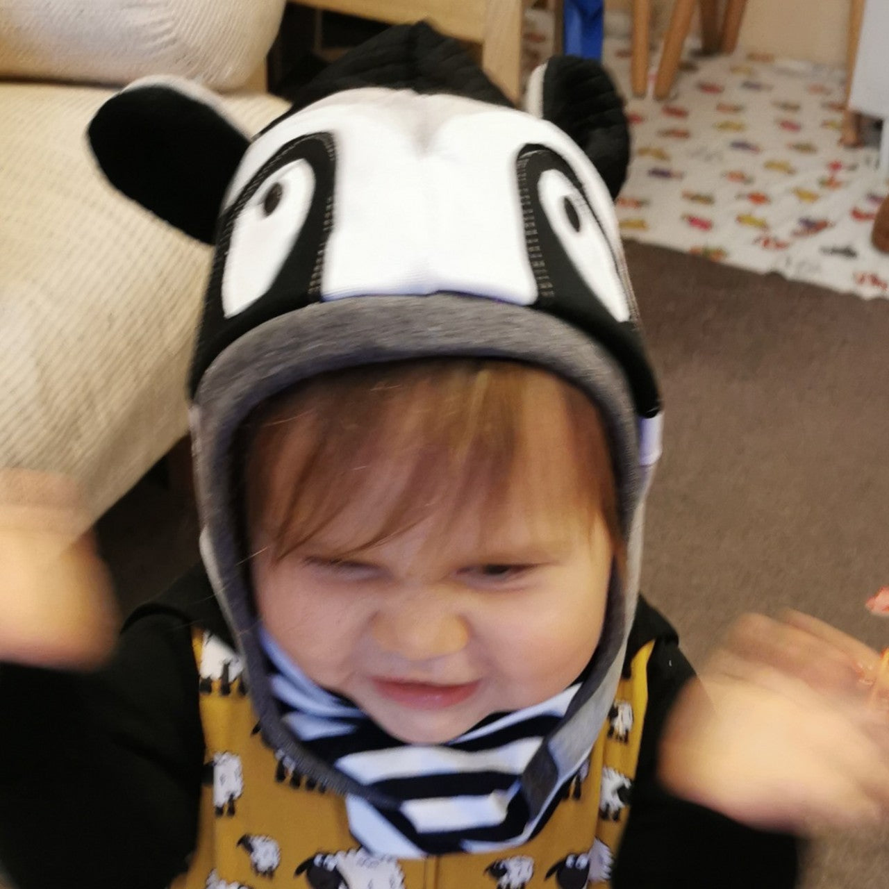 Sophie loving her Raccoon balaclava.