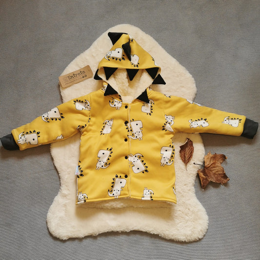 Front View of the epic Mustard Dinosaur coat. Handmade using mustard dinosaur alpine sweatshirt fleece, black cotton jersey and graphite cotton ribbing.