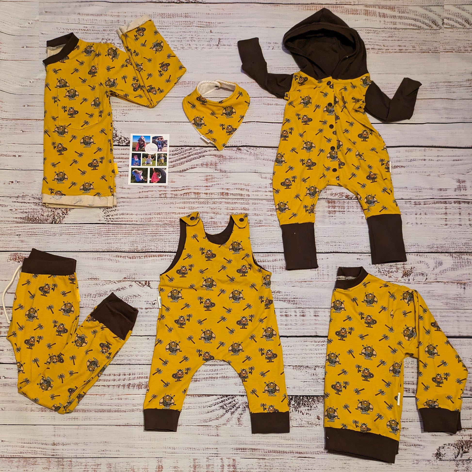 Check out the entire mustard Vikings range, including rompers, harem pants, sweatshirts and tees. Just type mustard Vikings in the search bar.