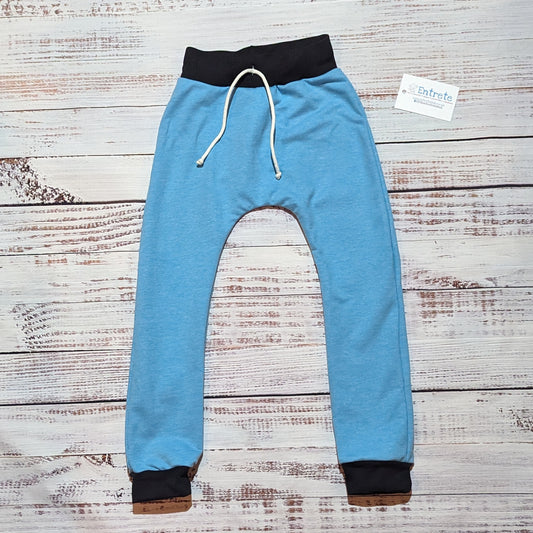 Lovingly handmade harem joggers, in sky blue cotton French terry and black cotton ribbing.