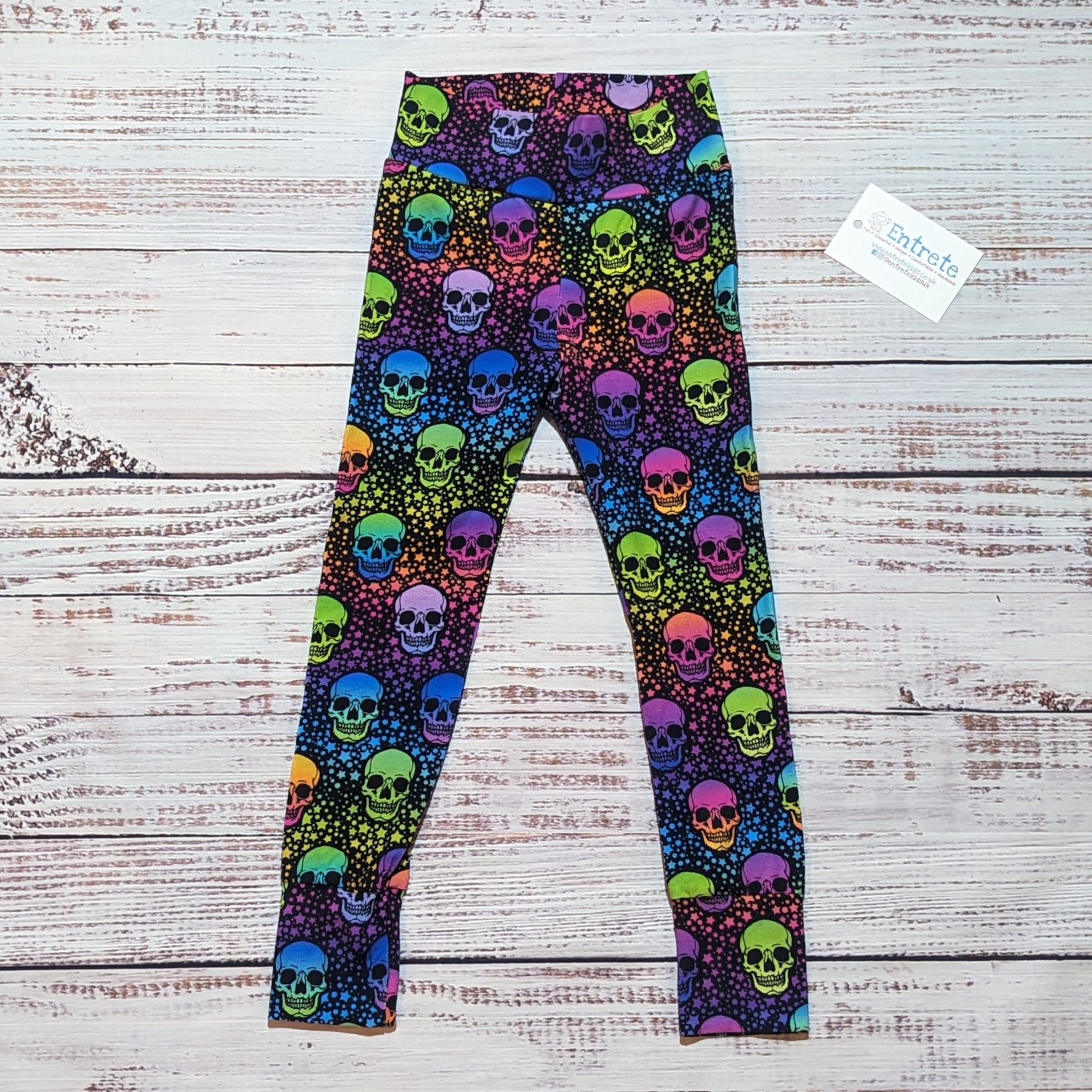 Women's colourful neon skulls leggings. Handmade from soft, stretchy cotton jersey.