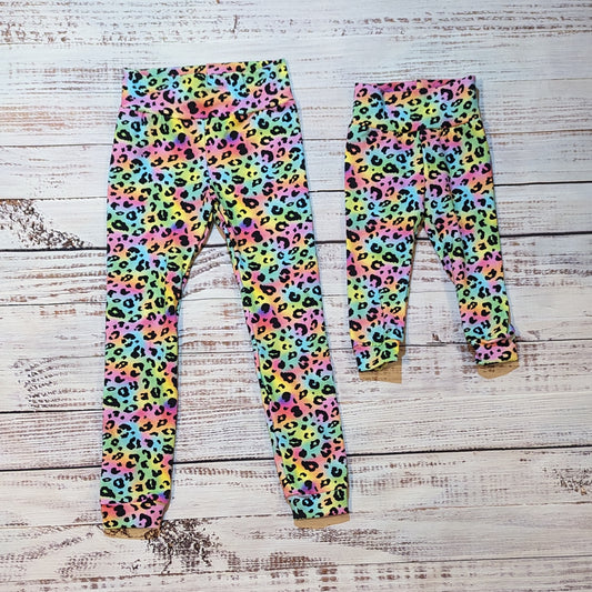The gorgeous Mama and Mini rainbow leopard print leggings. Lovingly handmade using soft and stretchy cotton jersey.