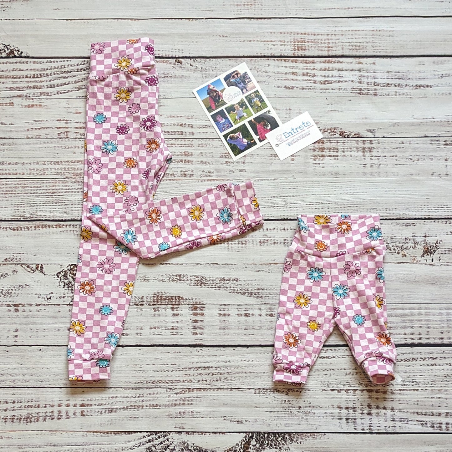 Superbly fun pink checked happy flowers Mama and mini leggings set. Handmade with soft, stretchy and comfy cotton jersey.