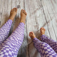 Sophie and Mummy showing off their purple trippy checked leggings. Soft, stretchy and  comfortable.