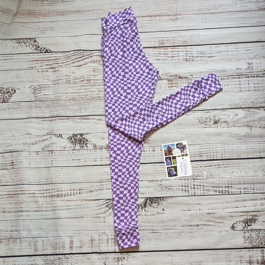 Vibrant purple trippy checked women's leggings. Handmade using soft and stretchy cotton jersey.