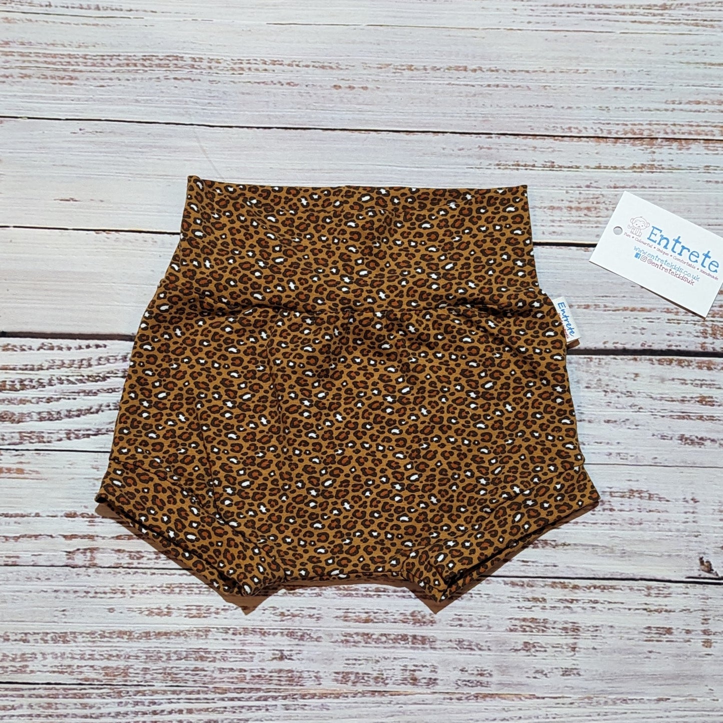 Soft and comfy kids shorts, handmade using the stylish camel leopard print cotton jersey.