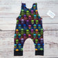 The adorably colourful neon skulls sleeveless romper. Hanmade using soft and comfortable cotton jersey. Shown from the rear.