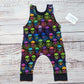 The adorably colourful neon skulls sleeveless romper. Hanmade using soft and comfortable cotton jersey.