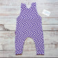 Warped purple checked sleeveless romper. Handmade in soft, stretchy and comfortable cotton jersey. Shown from the rear.