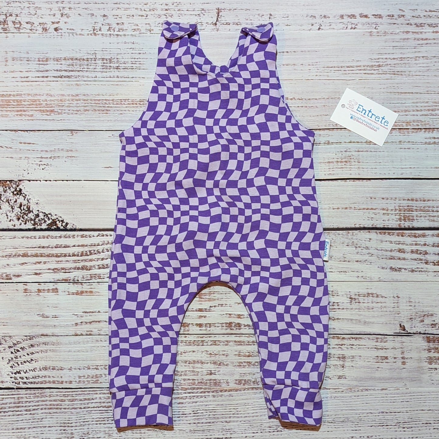 Warped purple checked sleeveless romper. Handmade in soft, stretchy and comfortable cotton jersey.