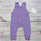Warped purple checked sleeveless romper. Handmade in soft, stretchy and comfortable cotton jersey.