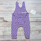 Warped purple checked sleeveless romper. Handmade in soft, stretchy and comfortable cotton jersey. Shown with shoulder entry open.