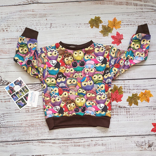 The vibrant and fun colourful cartoon owl sweatshirt. Handmade using colourful owls cotton sweatshirt fleece and chocolate cotton ribbing.