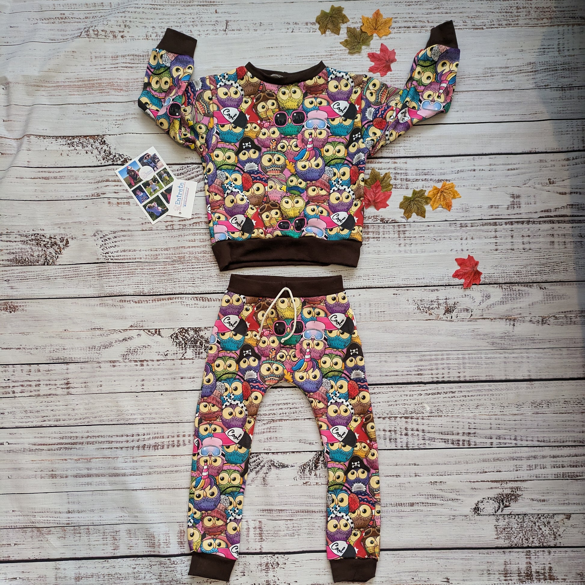 Colourful and fun cartoon owls harem joggers. Handmade using colourful owls cotton sweatshirt fleece and chocolate cotton ribbing. Shown as an outfit with a colourful owls sweatshirt.