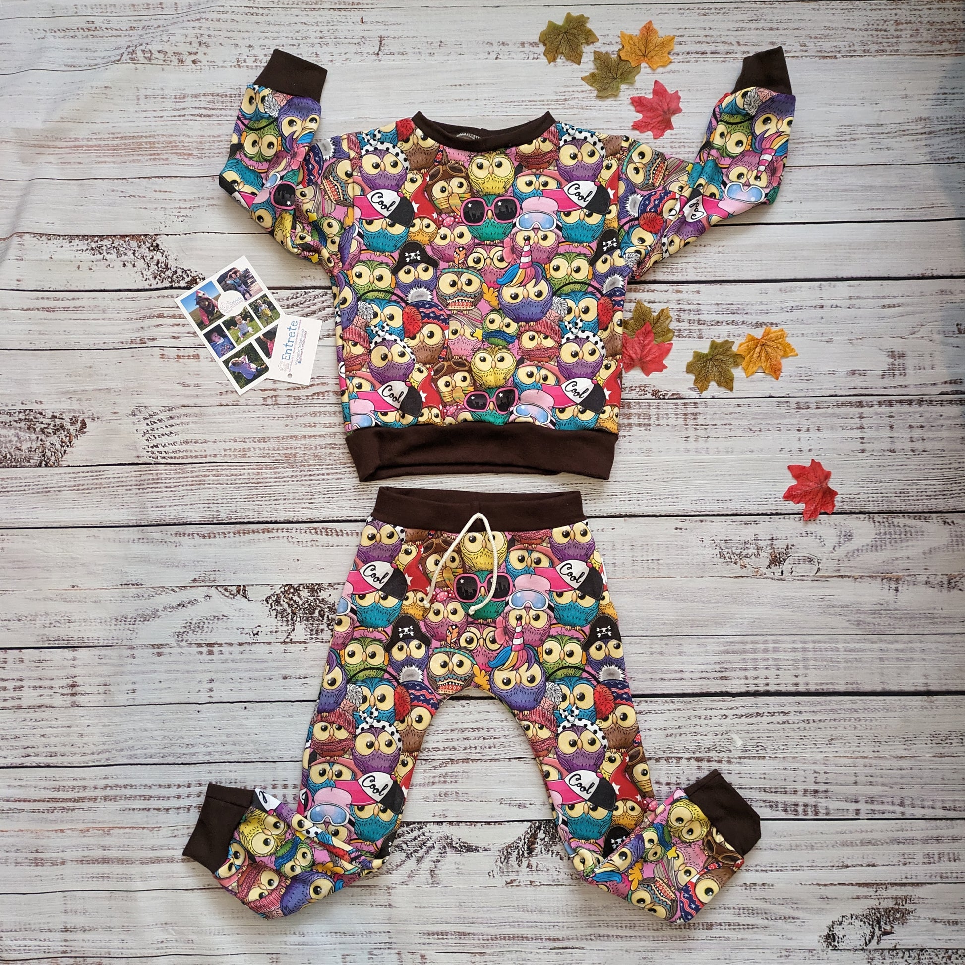 Colourful and fun cartoon owls harem joggers. Handmade using colourful owls cotton sweatshirt fleece and chocolate cotton ribbing. Shown as a set with a colourful owls top.