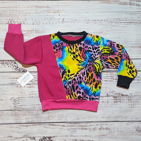 The neon animal print and fuchsia sweatshirt, with it's vibrant mix of contrasting colours. Handmade using soft and comfortable cotton French terry.