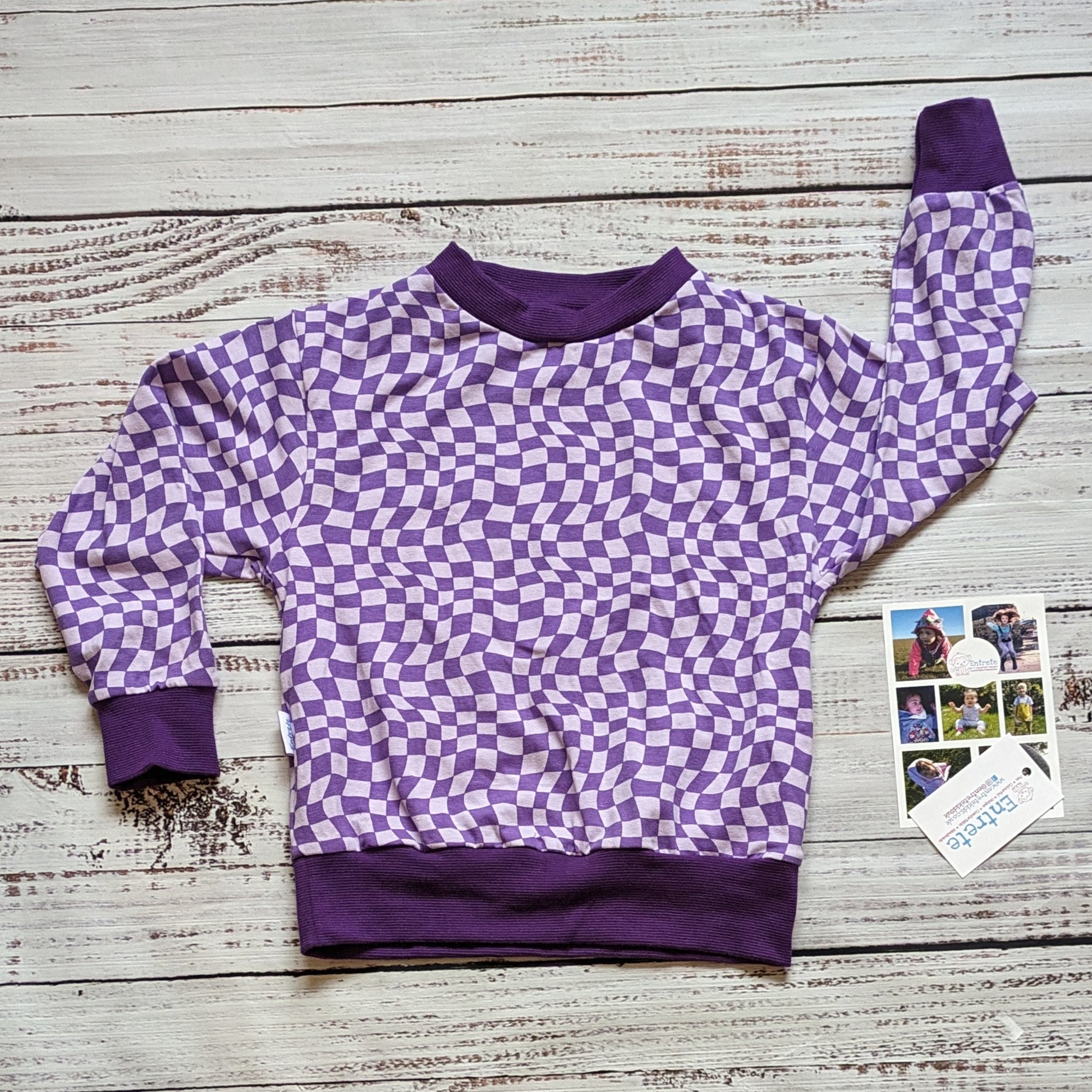 Warped purple trippy checked sweatshirt. Handmade using soft and comfy cotton jersey and cotton ribbing.