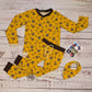 The fearsome mustard Vikings T-shirt. Lovingly handmade using mustard Vikings cotton jersey and chocolate cotton ribbing. Shown with long sleeves, in a set with matching harem joggers and bamboo bib..