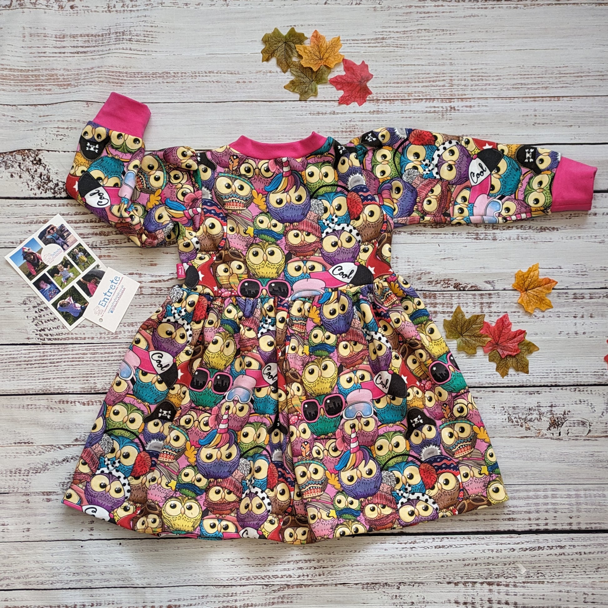 The colourful owls sweater dress is lots of fun. Handmade using colourful owls cotton sweatshirt fleece and fuchsia cotton ribbing. Shown from the rear.