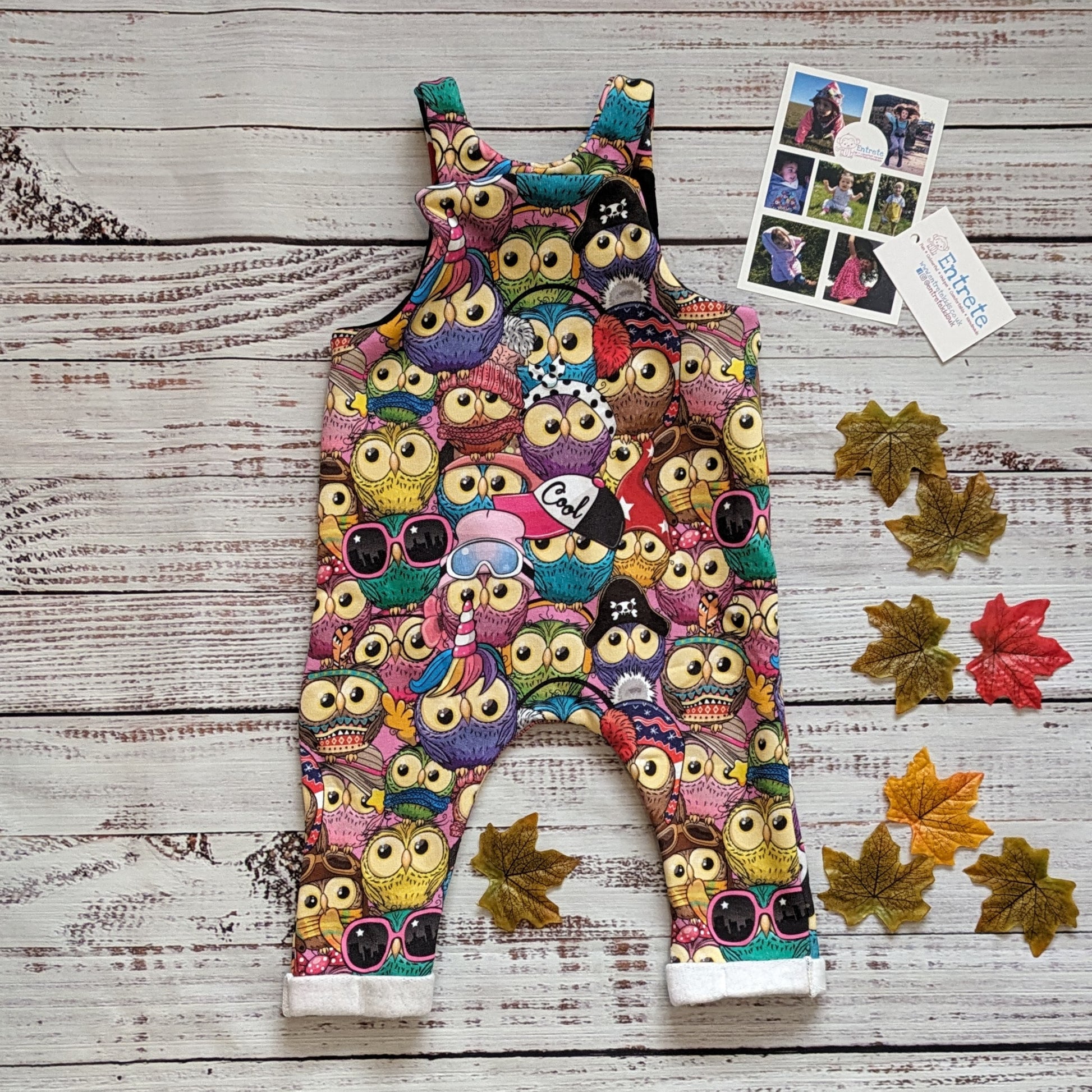 Colourful and fun cartoon owls cotton jersey. Handmade using warm colourful owls cotton sweatshirt fleece and black cotton jersey. Shown from the rear.