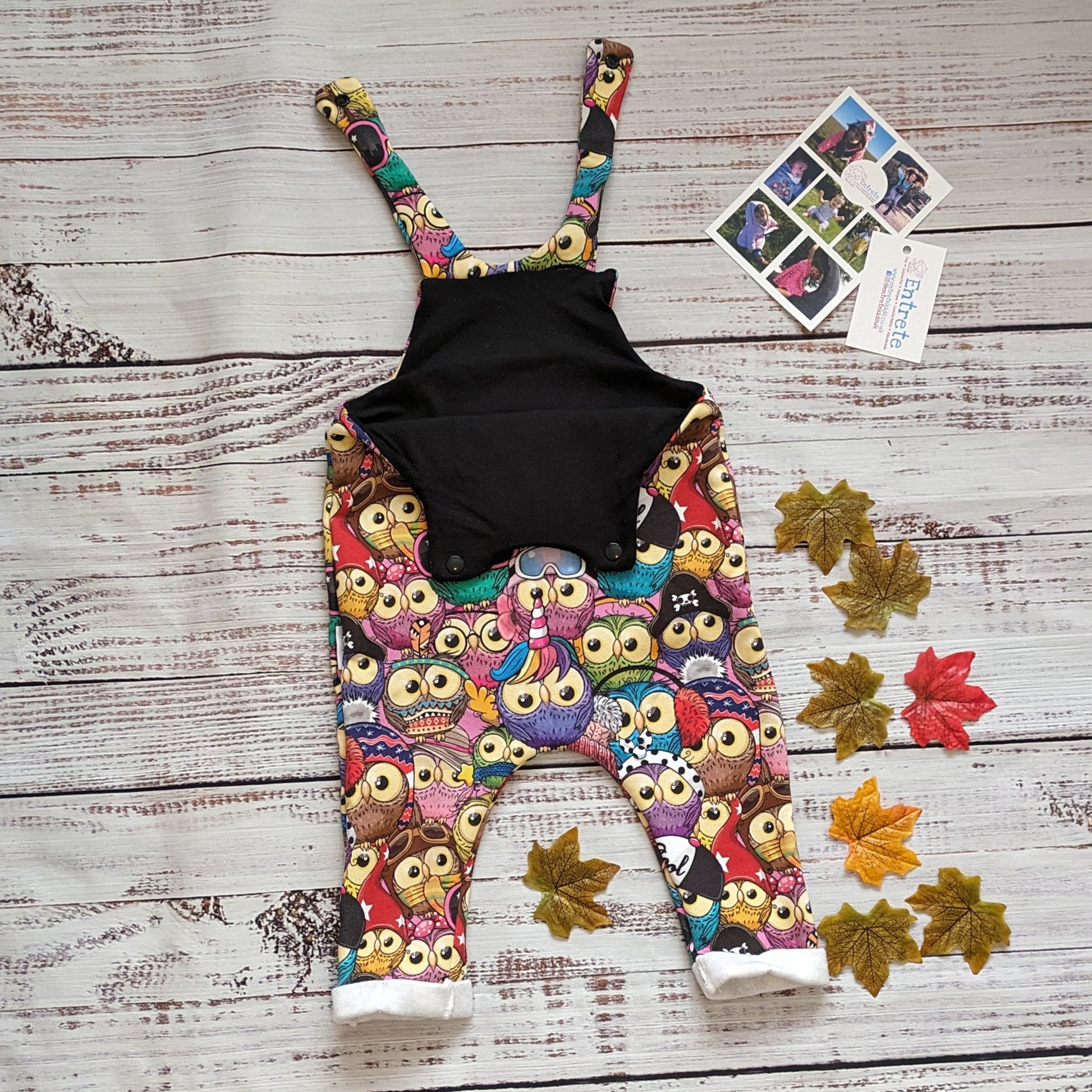 Colourful and fun cartoon owls cotton jersey. Handmade using warm colourful owls cotton sweatshirt fleece and black cotton jersey. Shown with the shoulder poppers open.