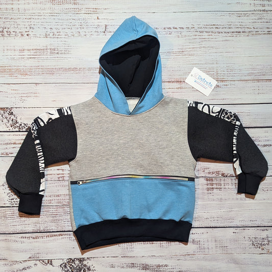 Front view of the light grey, sky blue and animal hearts zippered hoodie. With animal hearts detailing on the arms and a zipped front pocket.