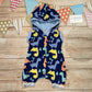 Fun and colourful dinosaurs hooded bummie romper. Handmade using blue dinosaurs and sky blue cotton jersey's with light blue cotton ribbing.