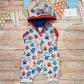 The insanely fun monsters hooded bummie romper, just what your little monster needs this summer! Handmade using pale blue monsters organic cotton Jersey, royal blue cotton jersey and red cotton ribbing.