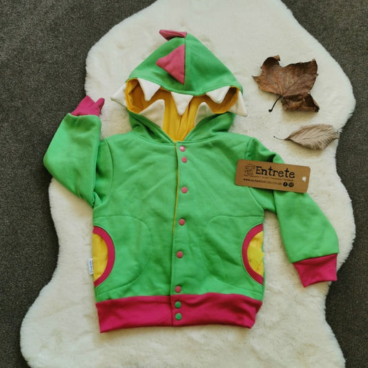 Reversible Popper Hoodie or Sleeveless - Green & Fuchsia Dinosaur / Yellow & Fuchsia