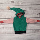 Fantastically fun reversible elf hoodie. Handmade in green cotton sweatshirt fleece, with red striped cotton jersey arms, graphite ribbing waist and red ribbing cuffs . With adorable pom-pom hood.