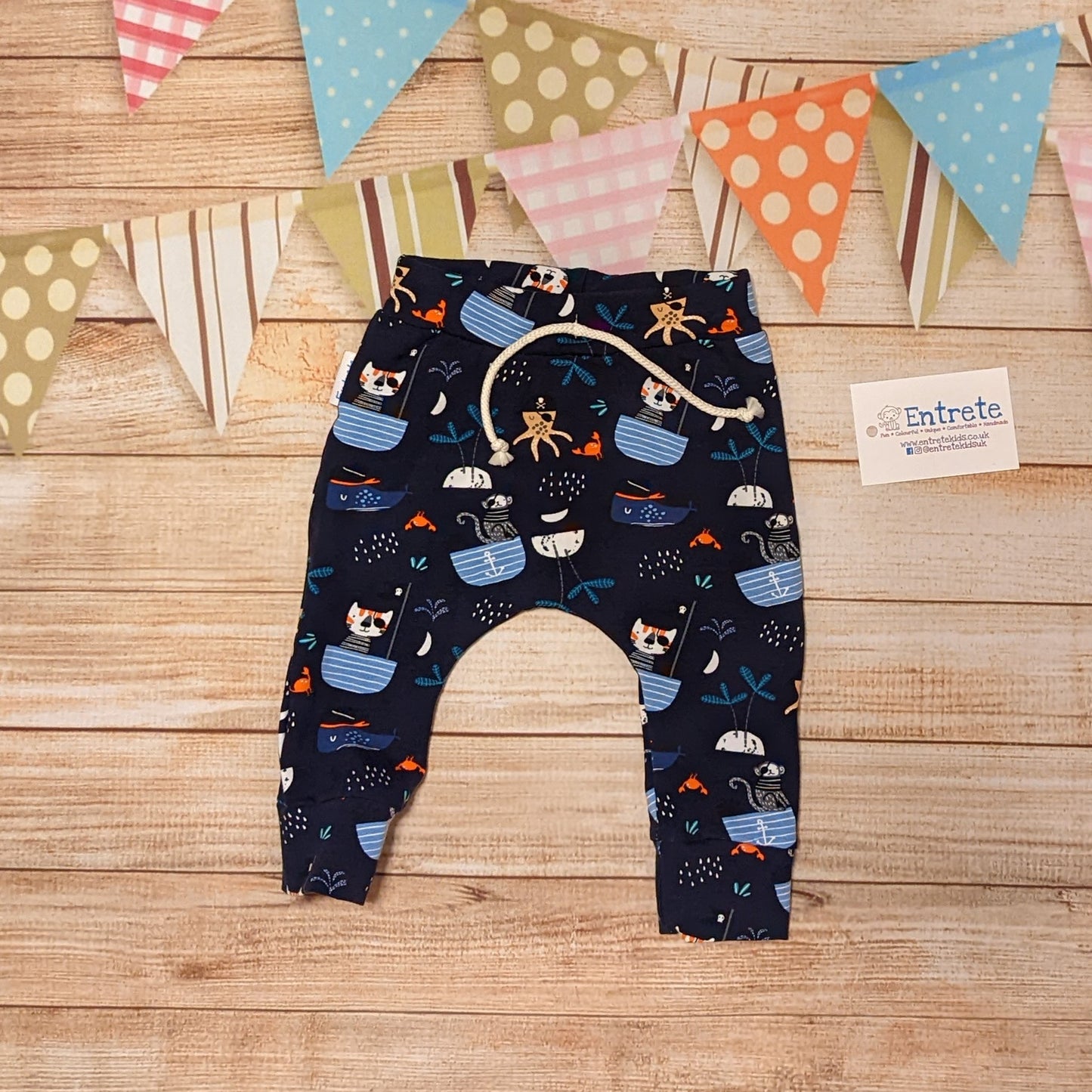 Fun and adventure await, with the pirate cats harem joggers! Handmade using pirate cats cotton jersey.