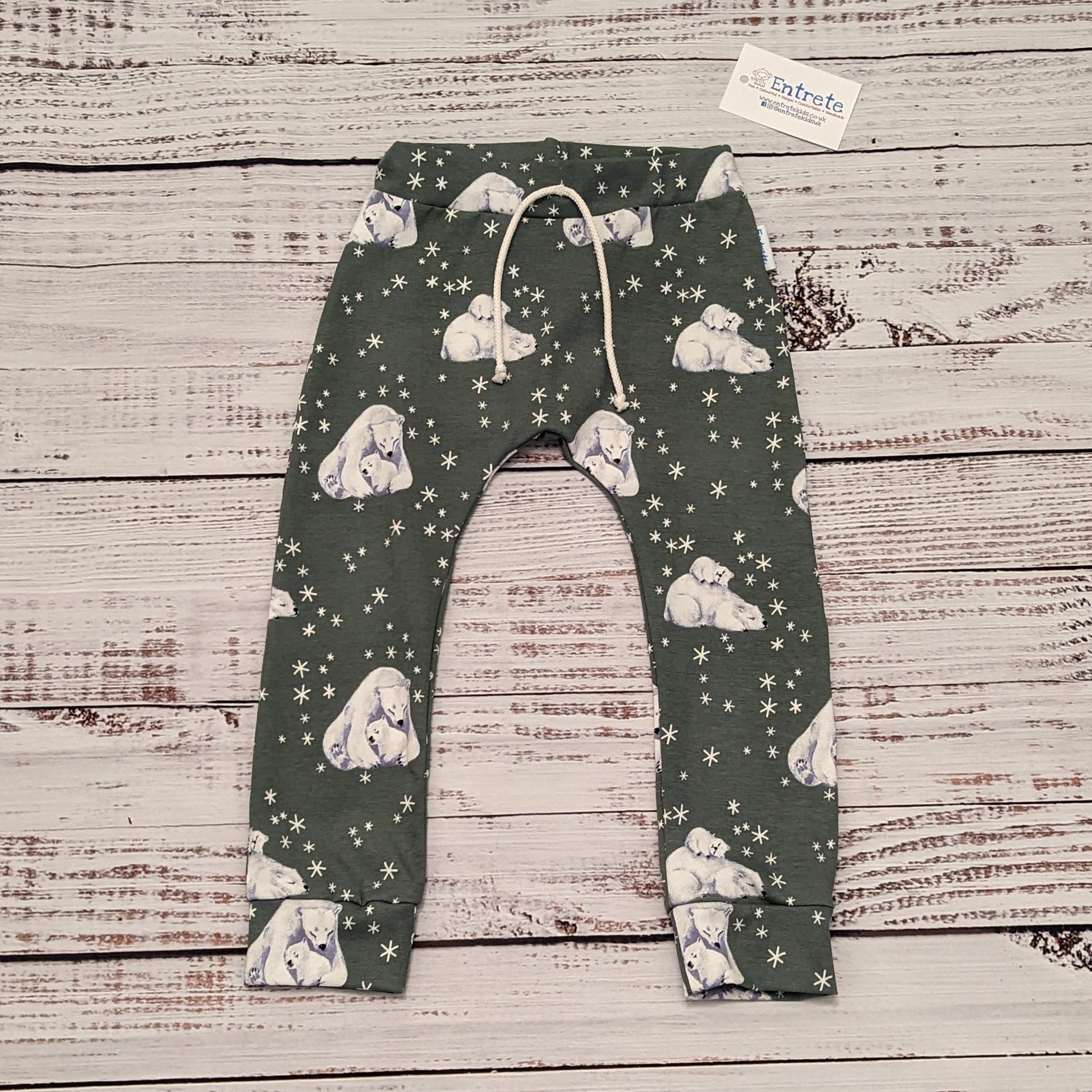 Soft and comfy harem joggers, featuring an elasticated waist, perfect for active kids. Handmade using polar bears cotton jersey.