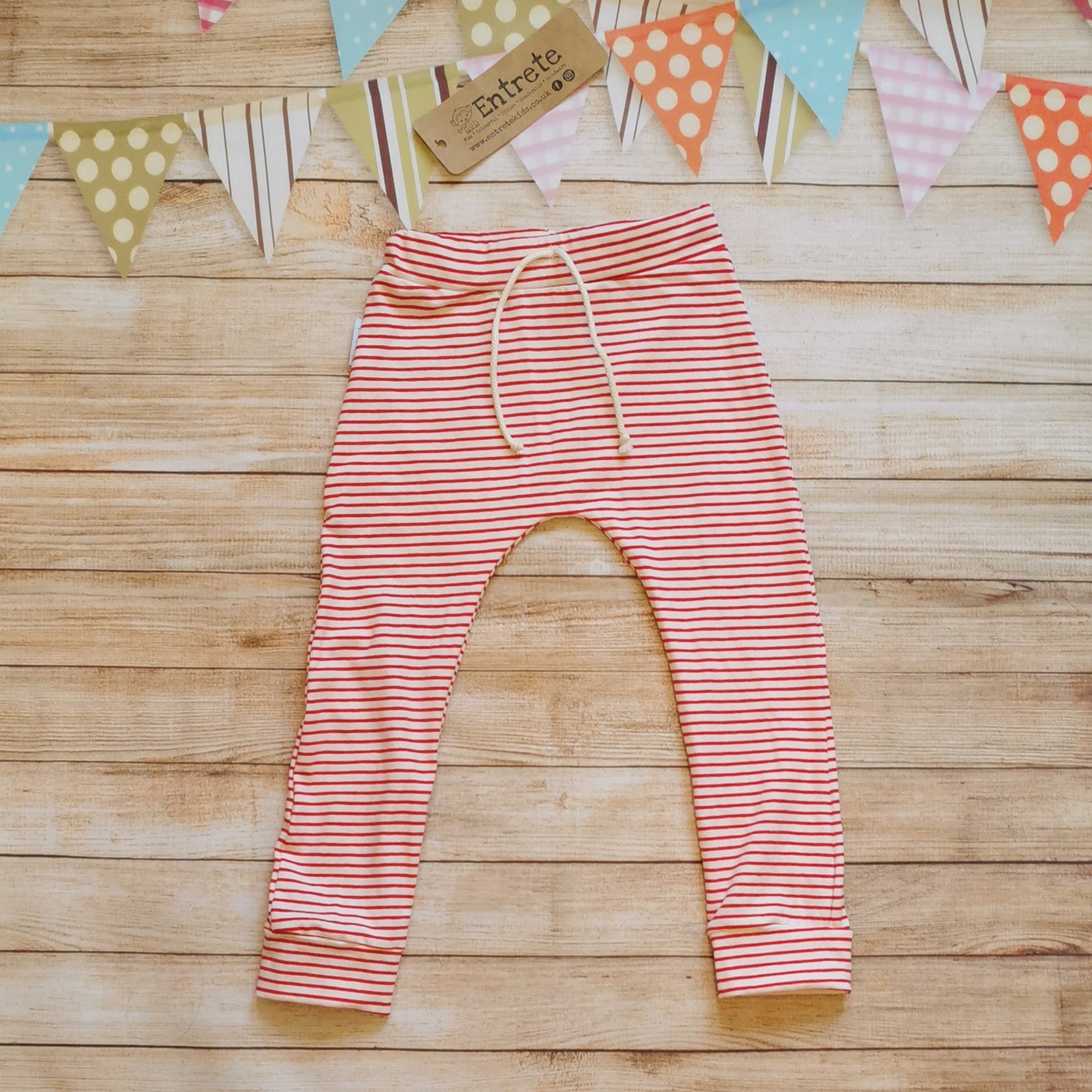 Soft and comfy harem joggers, handmade using red striped cotton jersey.