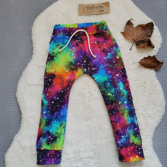 Harem joggers with elasticated waist, dropped crotch and roll-able ankle cuffs. Handmade in the gorgeously colourful speckled galaxy cotton jersey.