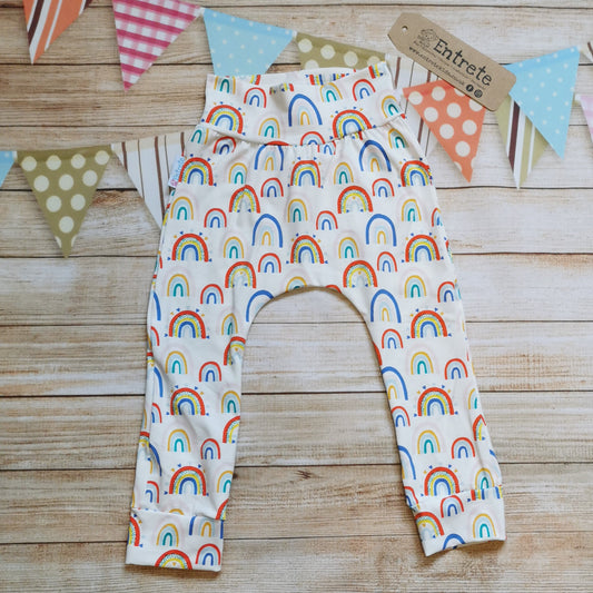 Soft & Comfy Harem Pants, handmade from white colourful rainbows and Hearts cotton jersey.