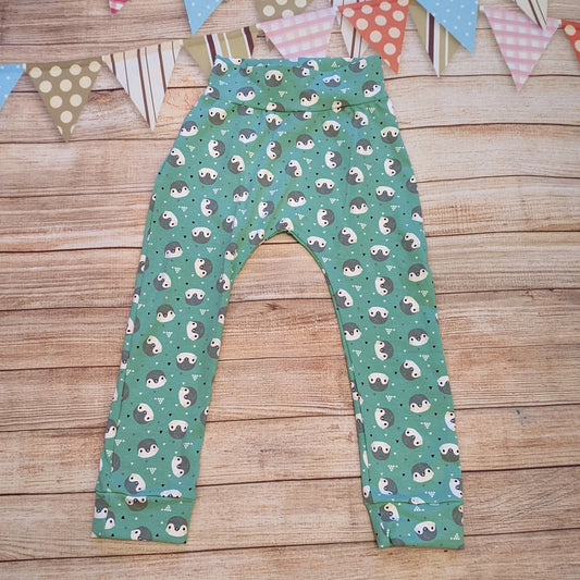 Adorable and ethical, organic mint penguins harem joggers. Handmade using mint penguins organic cotton jersey.  