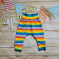 Soft and stretchy red rainbow striped cotton jersey harem pants. 
