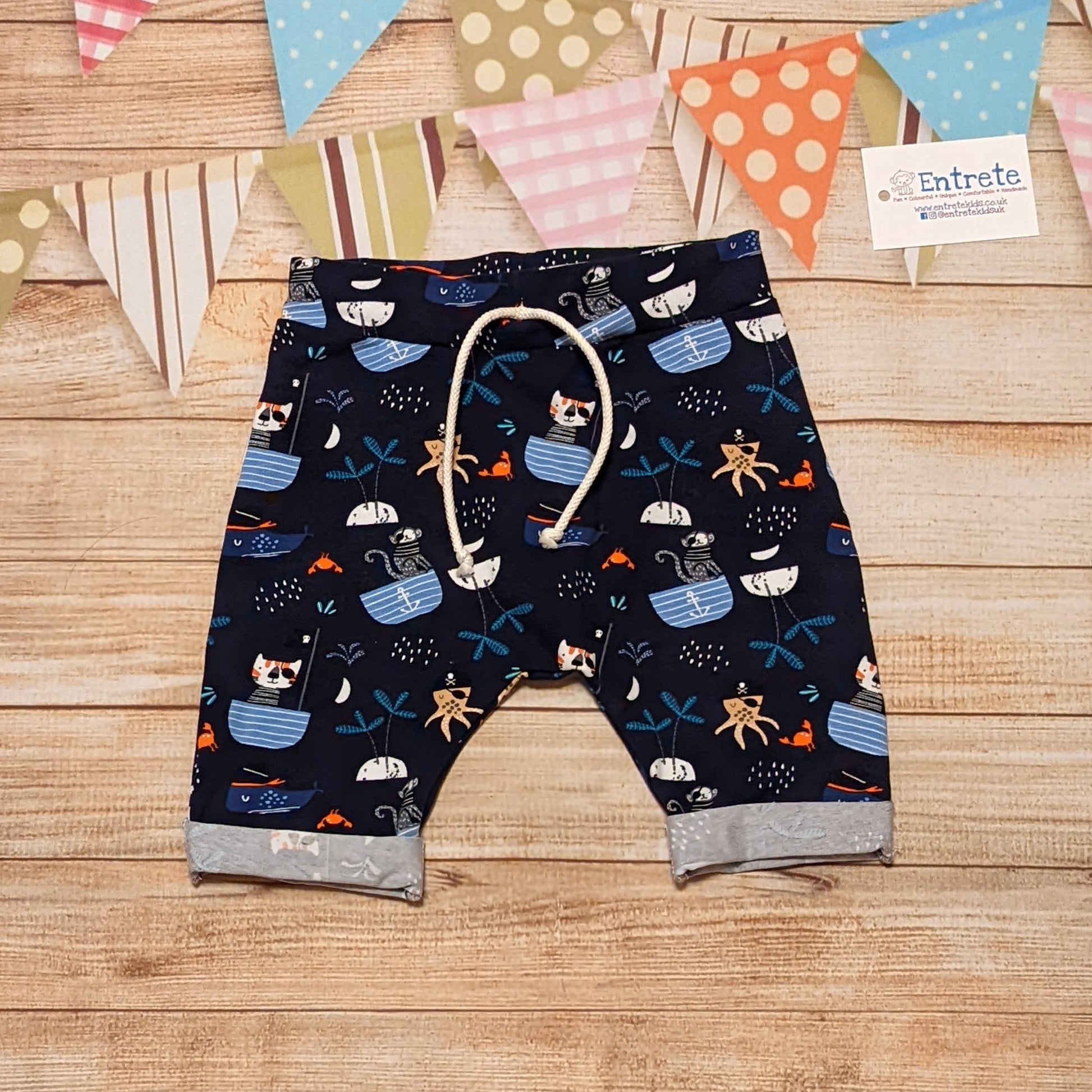 Fun and adventure await, with the pirate cats harem shorts. Handmade using pirate cats cotton jersey.