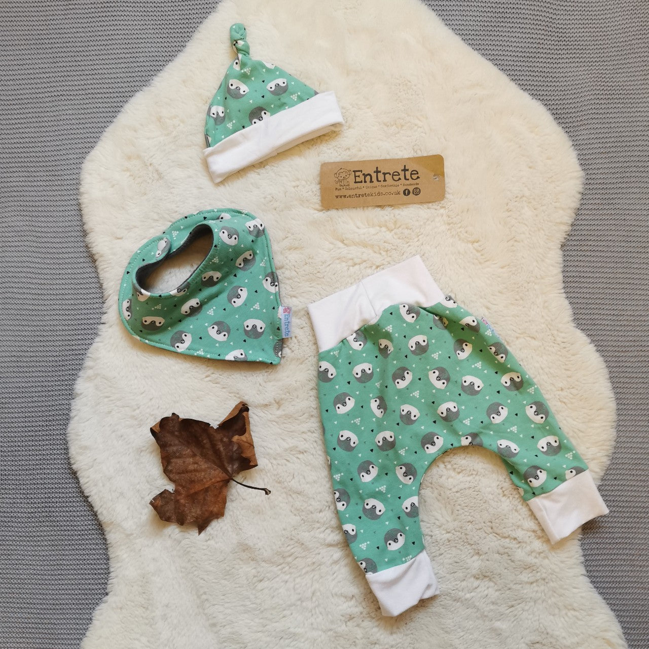 A harem gift set shown in mint penguins for demonstration purposes, your gift set will be handmade using grey lightning cotton jersey.