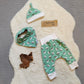 A harem gift set shown in mint penguins for demonstration purposes, your gift set will be handmade using light blue kids animals cotton jersey.