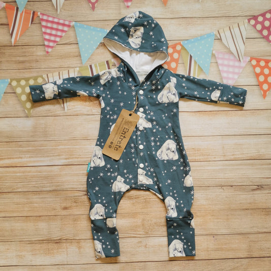 The gorgeous Christmas polar bears hooded popper romper. Handmade using polar bears and white cotton jerseys for the perfect Christmas loungewear!