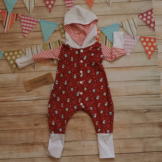 The epic christmas penguins hooded popper romper. Handmade using red penguins, red striped and white cotton jerseys for the perfect Christmas loungewear!