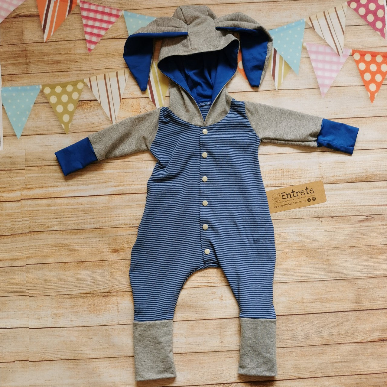Warm, comfy and beautifully blue striped bunny romper. Handmade using cotton French terry, cotton sweat fabric and cotton jersey.