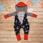 Fun and adventure await, with the awesome pirate cats hooded romper. Shown with the popper entry open. Handmade using pirate cats, red and monochrome striped cotton jersey's.