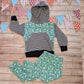 The adorable mint penguins and striped hoodie shown as an outfit with a pair of organic mint penguins harem pants.