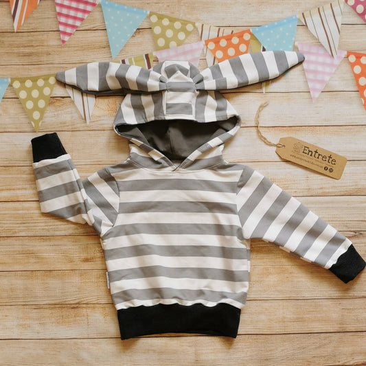 Unisex Kids Animal Hoodie | Grey Striped Bunny