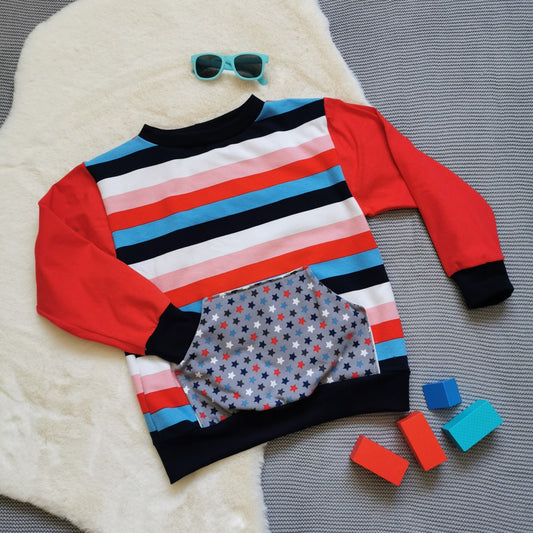 Sweatshirt - Red with Colour Striped & Colourful Stars