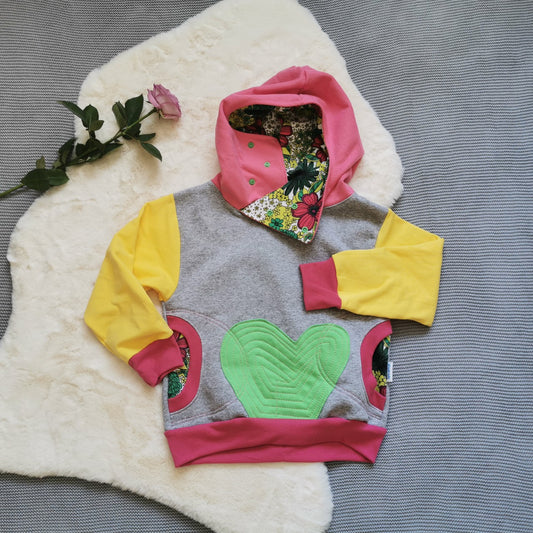 Mountain Pass Hoodie or Sherpa Lined Hoodie - Grey, Yellow & Pink with Flower Power & Mint Heart